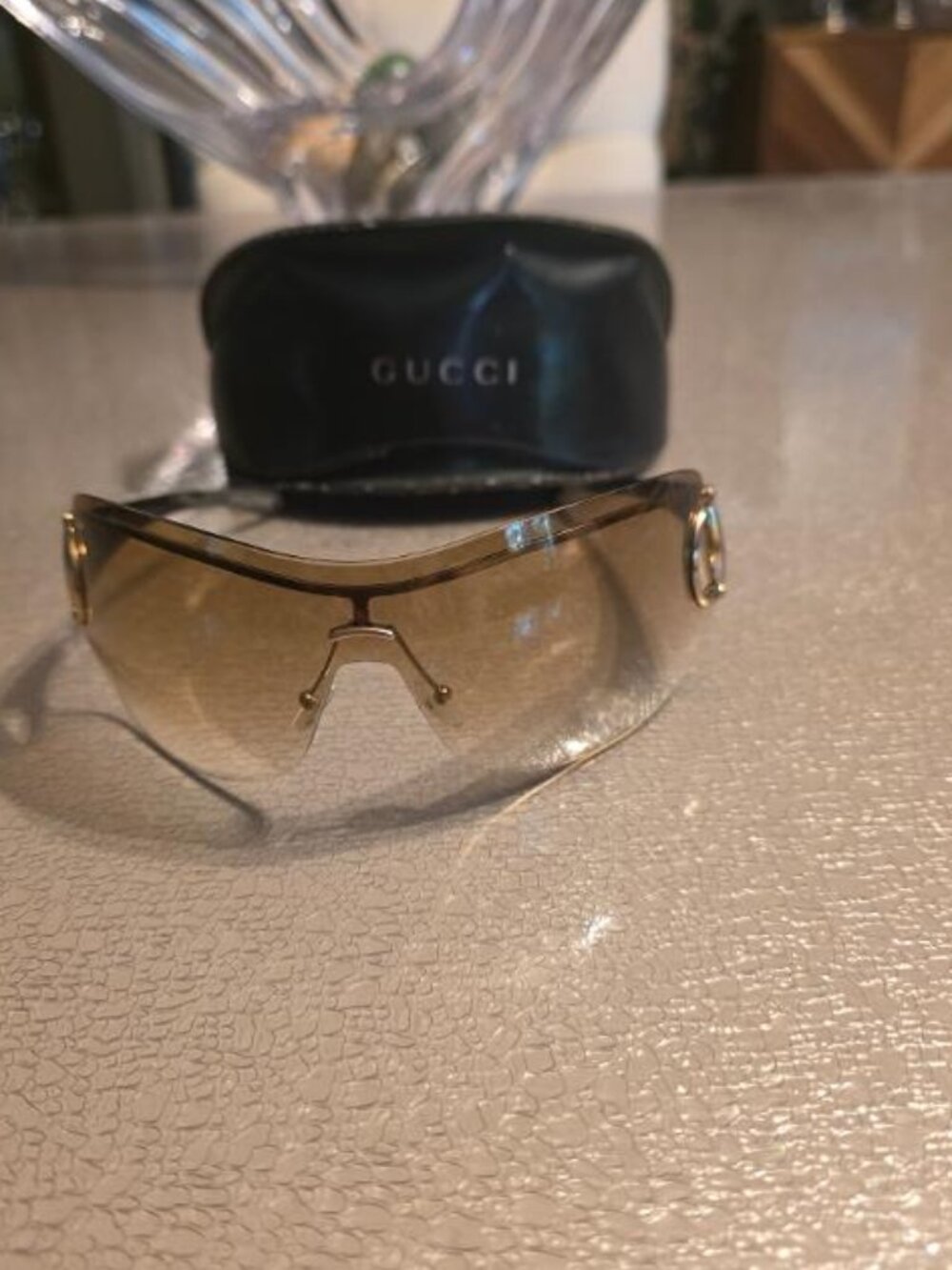 Vintage Gucci Rimless Shield Sunglasses Brown Gradient Gold Horsebit
